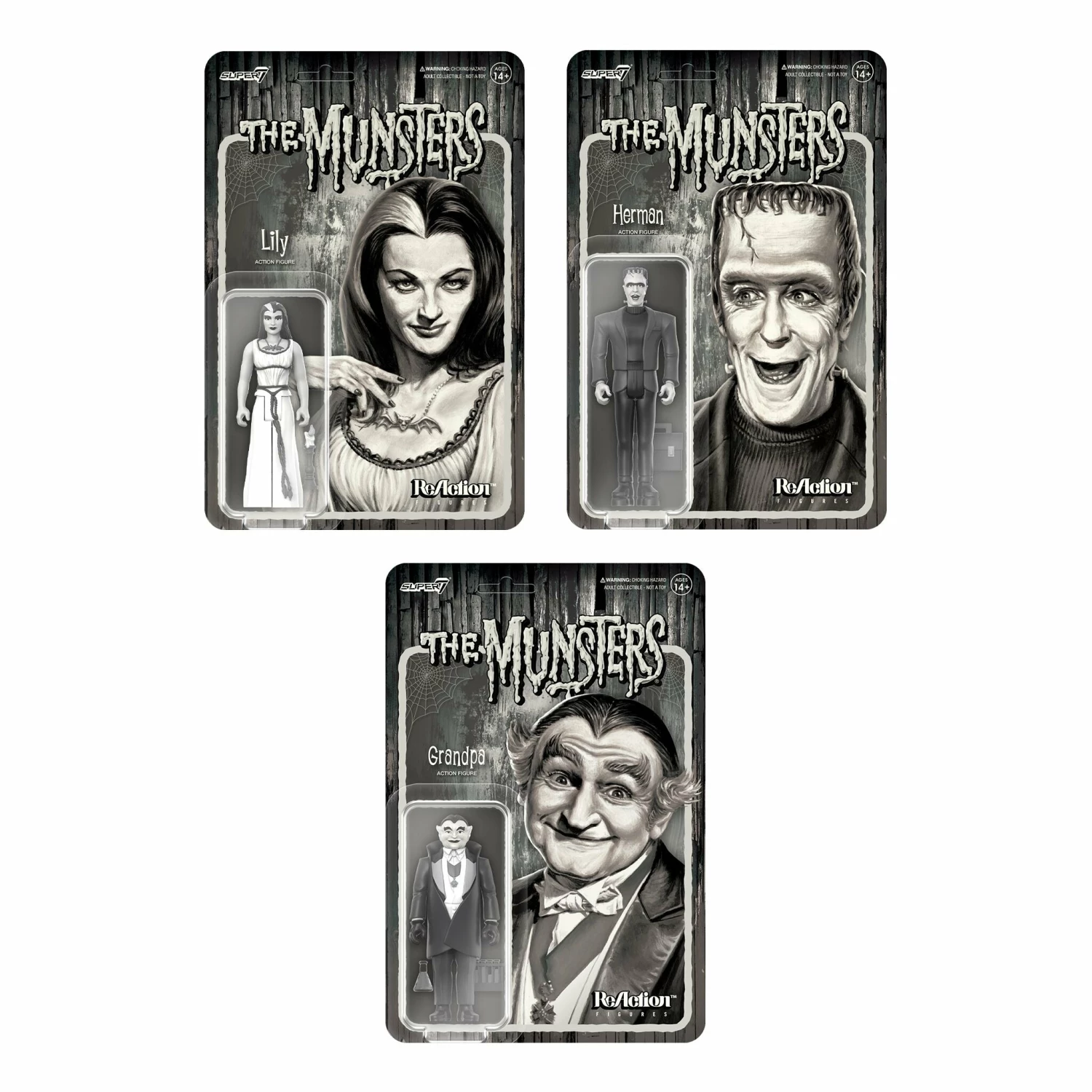 SUPER7 Munsters ReAction Figures Wave 2 Grayscale Set Of 3 3 SUPER7 Munsters ReAction Figures Wave 2 Grayscale Set Of 3