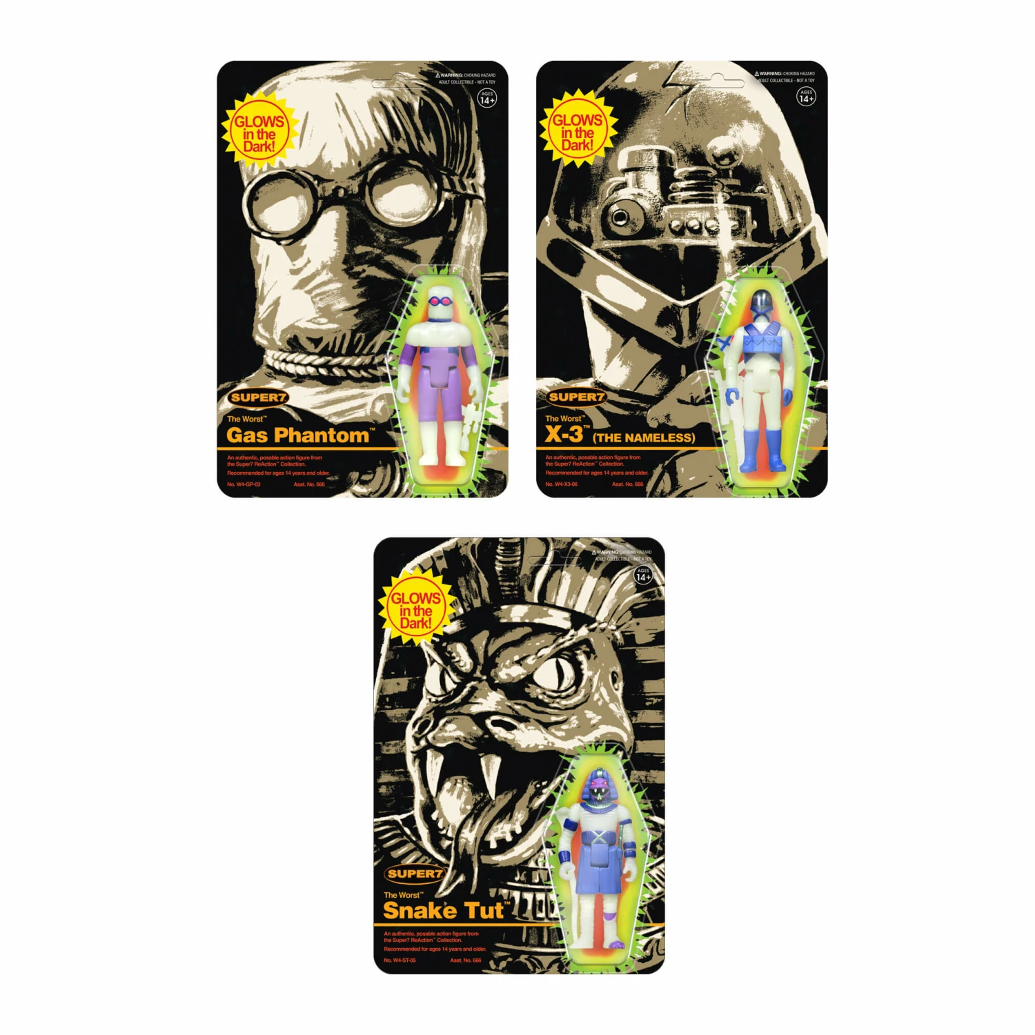 SUPER7 The Worst ReAction Figures - Snake Tut, X-3 & Gas Phantom (Monster Glow) 3 SUPER7 The Worst ReAction Figures - Snake Tut, X-3 & Gas Phantom (Monster Glow)